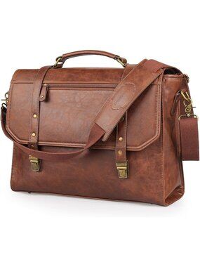 Men's Brown Messenger bag 15.6 inch Waterproof PU Leather Briefcase Large